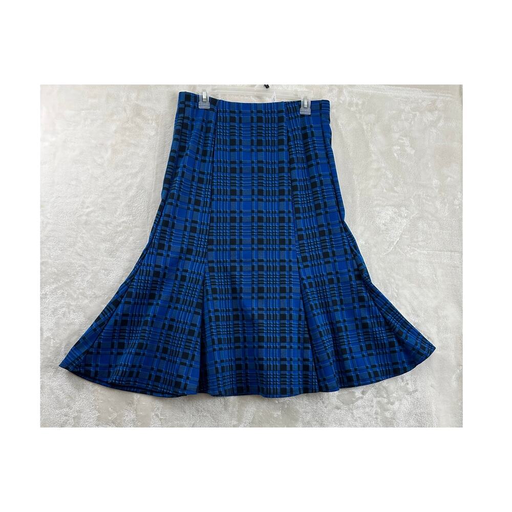 NWT NY Collection Blue Black Plaid Trumpet Skirt S Flare Flounce